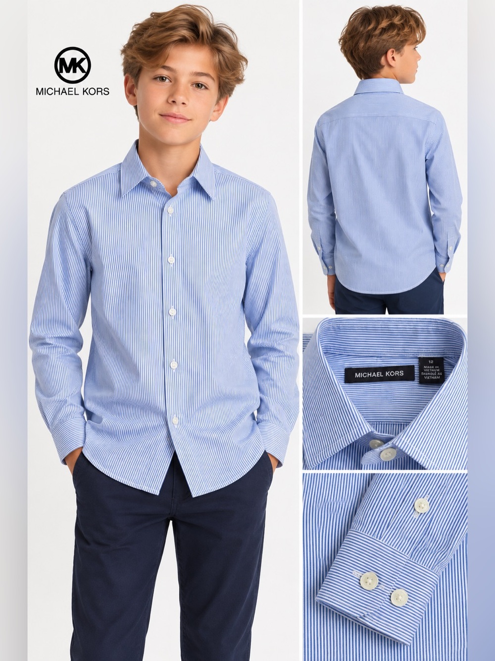 NWT Michael Kors Boys Blue White Striped Cotton Dress Shirt Size 12R